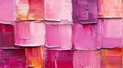 Close-up of abstract rough pink and magenta painting texture with oil brushstrokes and palette knife marks, layered square paper shapes, and rich complementary colors