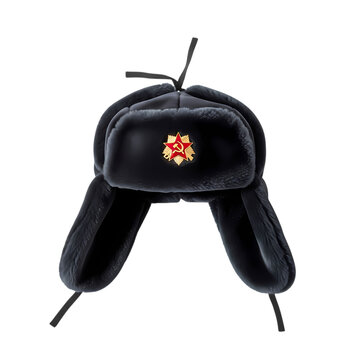 Black fur ushanka hat with Soviet star, cut-out PNG with alpha channel