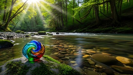 Serene forest river landscape with vibrant colorful spiral sculpture on mossy rocks under sunbeams