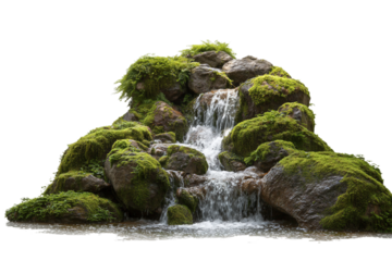 Tranquil mossy rocks with tiny waterfall isolated on transparent background