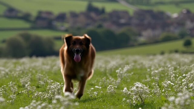 A happy dog runs through the green field with small flowers, and building in the background. the sunlight shine on the dog body Stock Video