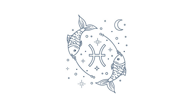 Pisces zodiac sign illustration featuring two fish swimming in a circle with celestial moon and star elements.