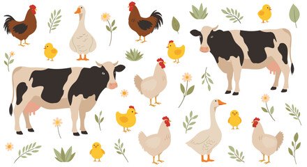 Fototapeta premium Farm animal pattern featuring cows, chickens, geese, chicks, flowers, and green leaves on a white background.