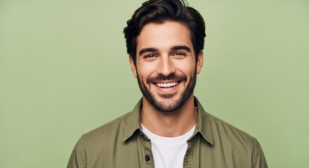 Obraz premium Happy smiling young man with dark hair and beard wearing casual green jacket and white t shirt standing against light green background for lifestyle and portrait photography