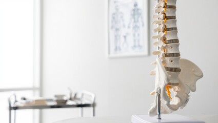 spine model in clinic on desk for patient education, orthopedic anatomy display in exam room