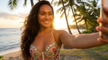 A Pacific Islander Polynesian woman taking a selfie on a tropical beach at sunset