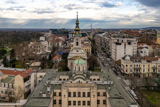 Belgrade, Serbia - January 02, 2026: Drone view of The Cathedral Church of St. Michael the Archangel ( Serbian: Saborna crkva) and the Patriarchal Palace (Serbian: Patrijarsijski dvor) in the center o