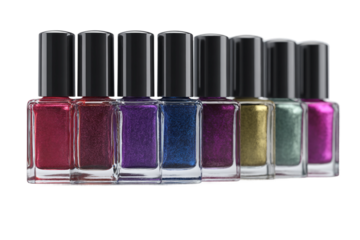 Nail lacquer bottles in straight line isolated on transparent background