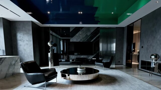 Applying deep color highgloss ceiling paint with a smooth roller creating a bold and dramatic reflective finish in a modern interior space.