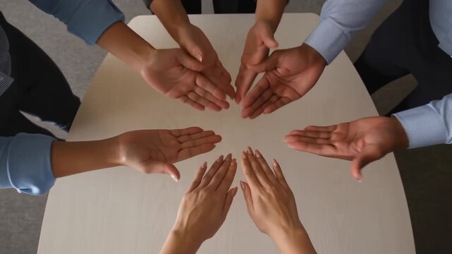 Hands clasped in a circle, symbolizing unity and collaboration, at a table Stock Video