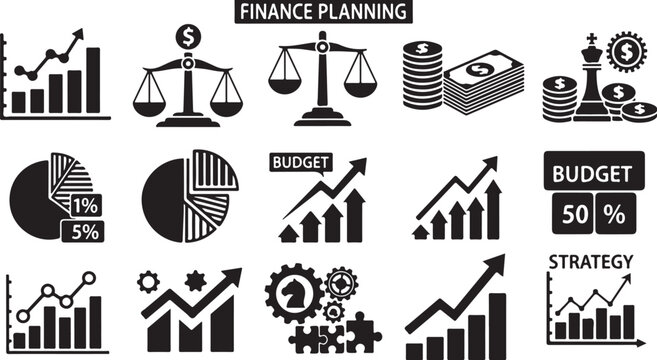 A collection of black and white finance planning icons - Powered by Adobe