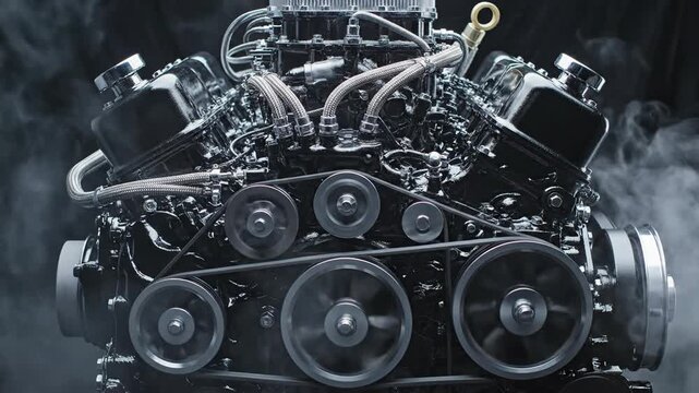 Automotive engine close up with smoke motion blur