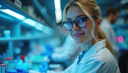 Woman scientist works in modern lab with blue lights. She wears glasses and lab coat, prepares samples for research. Team mate works in background.