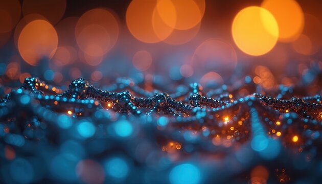 Abstract molecular structure with blue and orange glowing lights. Nanotechnology concept shows connected digital particles forming intricate patterns. Future tech innovation background. - Powered by Adobe