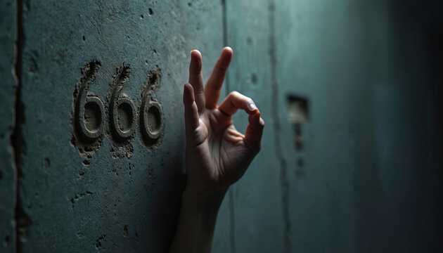 Hand shows ok sign gesture near engraved number 666 on rough concrete wall. Dark moody close-up, occult symbolism, ominous sign, fear and warning.