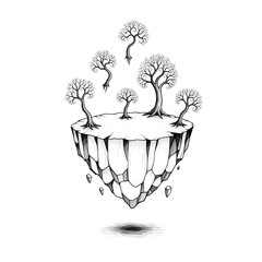 Hand-drawn floating island with trees sketch, background removal cut-out