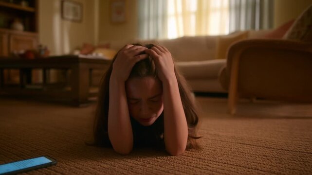 A person sitting on the floor with head in hands, expressing sadness or despair Stock Video