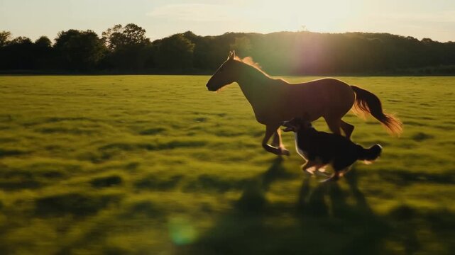 A horse and a dog running and playing in a sunny meadow at sunset Stock Video