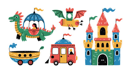 Naklejka premium Whimsical Worlds: A collection of fantastical illustrations depicting a colorful dragon-drawn carriage, a whimsical flying machine, a fairytale castle.
