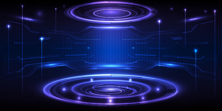 Vector illustrations of Futuristic digital technology hi tech stage for showcase with neon blue and purple,pedestal and neon ring and hexagonal pattern for digital advertising and game artwork.
