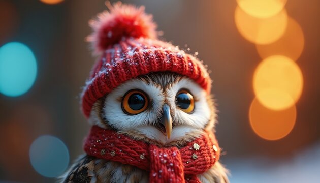 Close owl wearing red knitted hat and scarf. Snowy feathers and big eyes stare forward. Winter bird portrait with blurred festive lights background.
