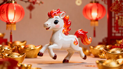 Fototapeta premium Cheerful 3D Rendered White Fire Horse Running Amidst Golden Ingots and Red Lanterns
