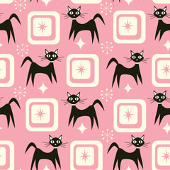 Retro atomic black cats with retro starbursts and squares seamless pattern on pink background. For wallpaper, fabric and home decor 