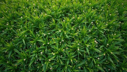 Obraz premium Dense green meadow grass with tiny white flowers creates a lush natural carpet. This vibrant ground cover thrives in parks and fields during springtime. Suitable for nature and gardening themes.