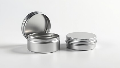 Two round aluminum tins with screw caps on white background. One tin is open showing inside threads. Versatile containers for cosmetics, balms, or crafts.