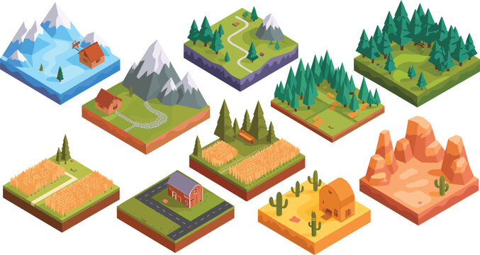 Isometric landscape illustrations, rural village, farm fields, forest cabins, mountains rivers desert scenes, game assets environment design