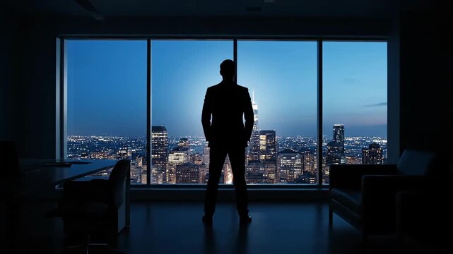 Man Standing by Window at Night.