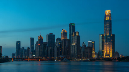 Fototapeta premium Stunning Skyline of a Modern City at Twilight Reflecting in the Water, Featuring Illuminated Skyscrapers and a Vibrant Urban Landscape