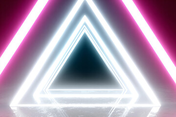 Glowing neon triangles forming tunnel effect isolated on transparent background