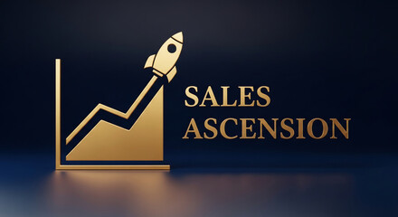Golden chart with rocket, on dark blue background, showing ascent. Symbolizes business growth, success, sales increase, and achievement of goals