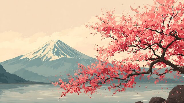 abstract landscape with mount fuji vector illustration narrow background blooming sakura japanese landscape.