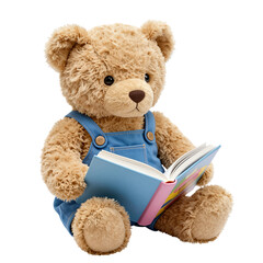 Cute teddy bear reading a colorful book