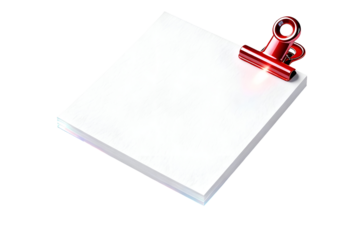 Blank White Square Paper Stack with Shiny Red Binder Clip on Transparent Background