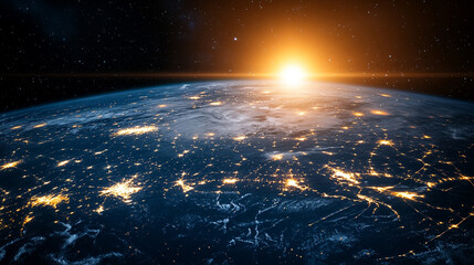 Concept of global communication network technology showing Earth connected by digital links, symbolizing internet business, telecommunication, cryptocurrency, IoT, and blockchain innovation