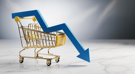 Gold shopping cart with large blue arrow pointing downwards, representing economic decline or decrease in sales, finance or stock market downturn