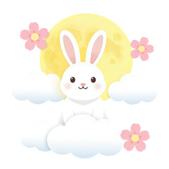Fototapeta premium Cute white rabbit sitting on clouds with moon and flowers