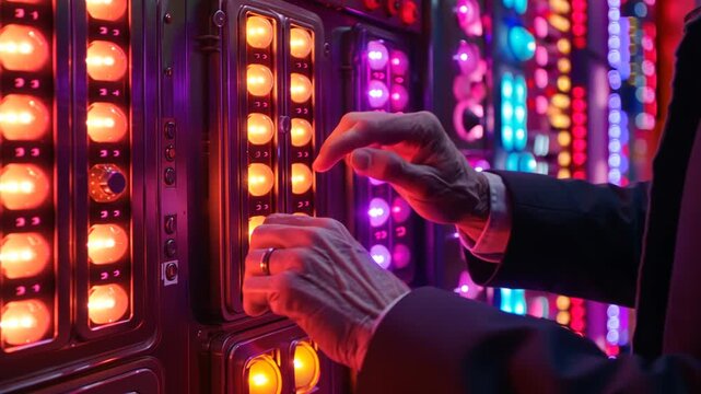 Person in suit interacting with colorful button panel uyt (22) technology