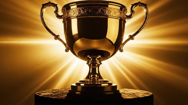 Golden trophy cup on pedestal with radiant light shining behind it symbolizing victory and achievement in competition
