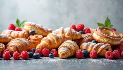 Assorted baked goods like croissants and rolls are arranged with fresh berries, dusted with powdered sugar. This delightful spread offers a variety of sweet treats perfect for breakfast or snacks.