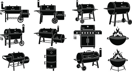 Barbecue grill and smoker icon set, outdoor cooking equipment silhouettes, charcoal and gas bbq symbols, wood fire smokers for backyard party and catering.