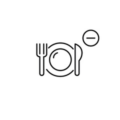 Dish, fork and knife with minus symbol. Meal removed, order cancelled. Pixel perfect, editable stroke vector icon