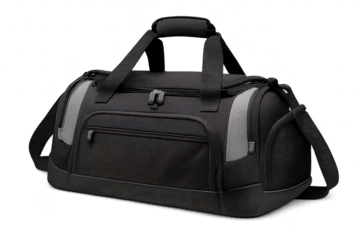 Black Duffel Bag with Gray Accents on transparent background image.