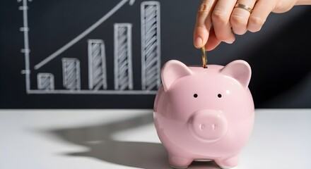 A hand carefully drops a shiny coin into a pink piggy bank on a white table