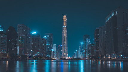 Obraz premium Nighttime Cityscape with Illuminated Skyscrapers Reflecting in River, Modern Urban Skyline at Dusk, Tranquil Water Reflections, City Lights and