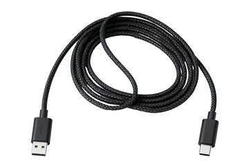 Premium Black Braided USB Type-C to USB-A Charging Cable Coiled on Transparent Background (1)
