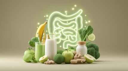 Happy Gut and Digestive Health Concept with Probiotics, Healthy Food and Nutrition Background